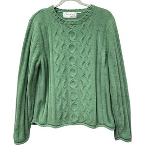 Sarah Bentley Sweater Womens L Green Chenille Textured Cable Knit Rolled‎ Hems